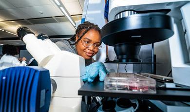 A student adjusts a sample under a microscope.